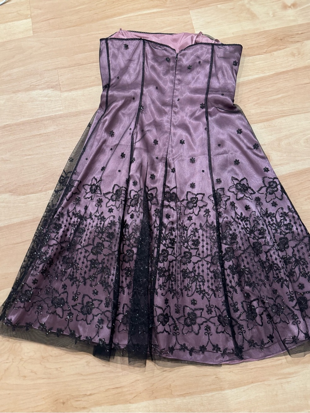 90s Strapless Pink Midi Dress Black Tulle Glitter Overlay Whimsigoth Size 12 - Picture 2 of 7